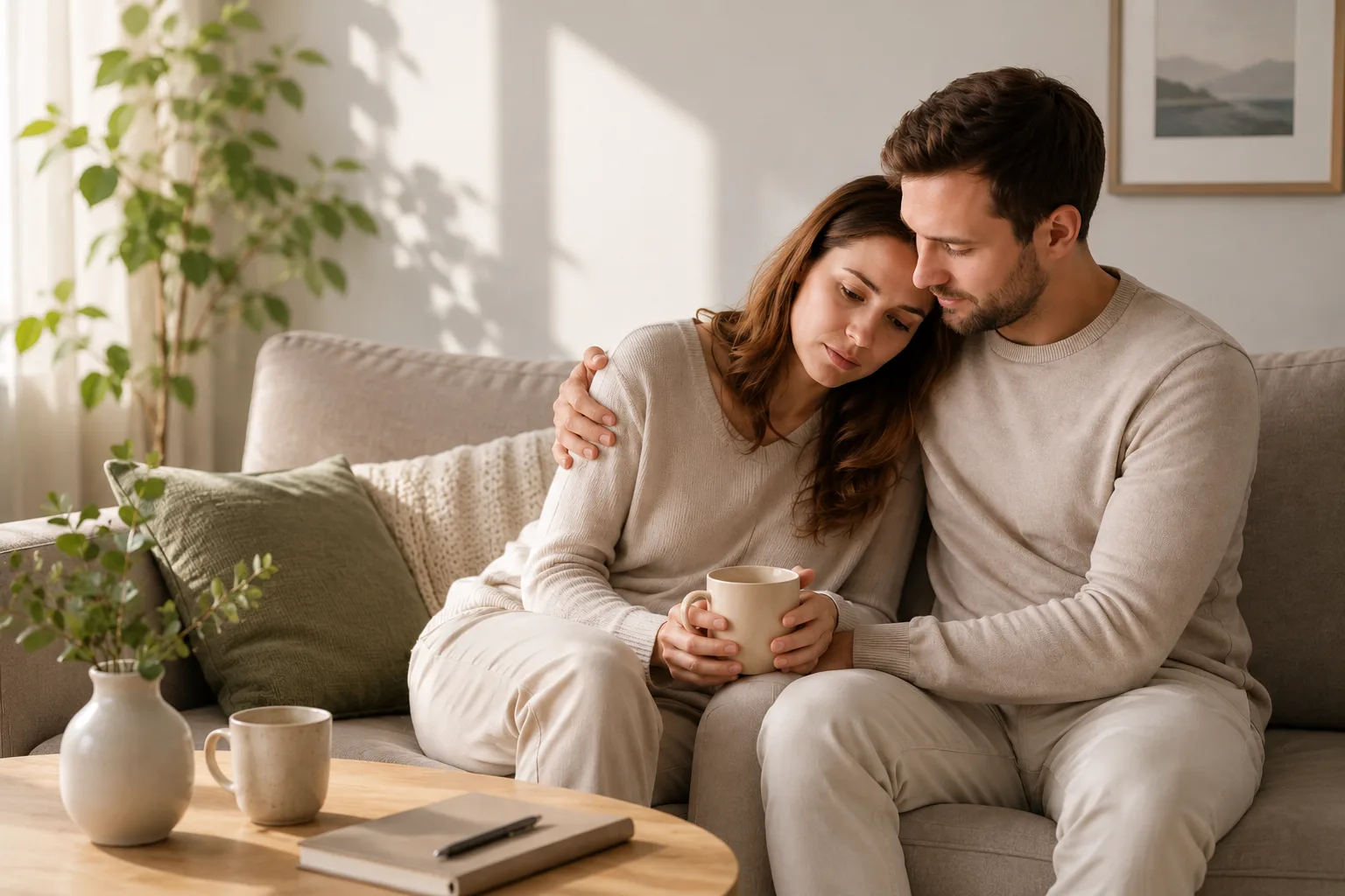 Couple supporting each other at home after an unsuccessful first IVF attempt