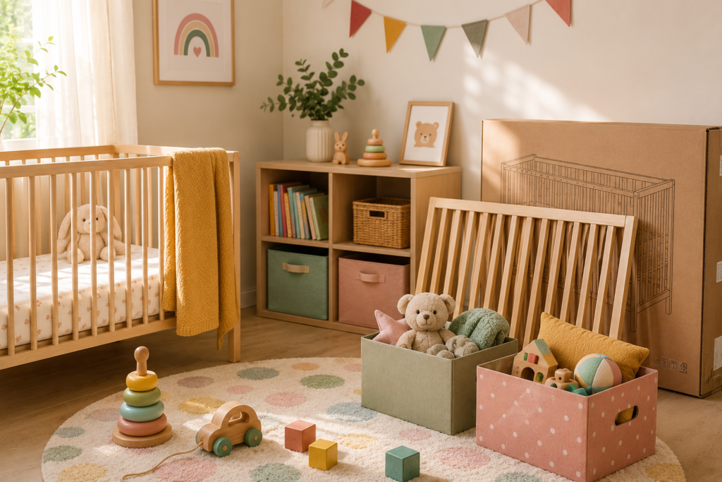 Nursery with a crib and a second flat-pack crib in a box, symbolizing planning for a second child
