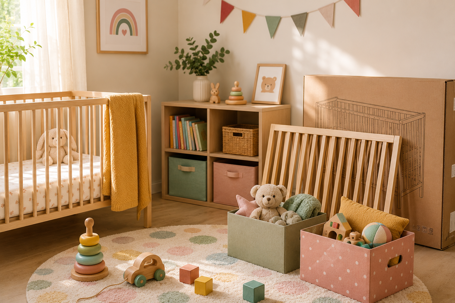 Nursery with a crib and a second flat-pack crib in a box, symbolizing planning for a second child