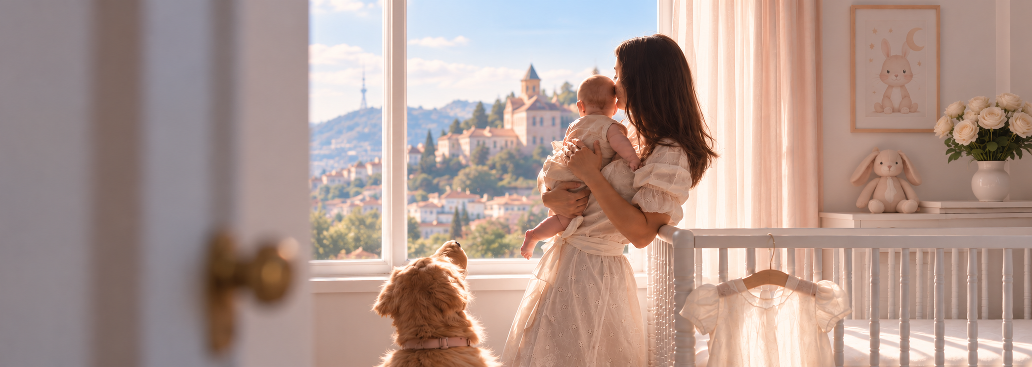 IVF in Georgia for international patients — mother holding her baby by the window overlooking Tbilisi