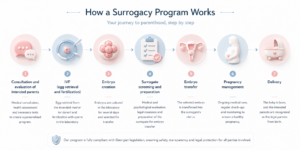Surrogacy program steps — consultation, IVF, embryo transfer, delivery